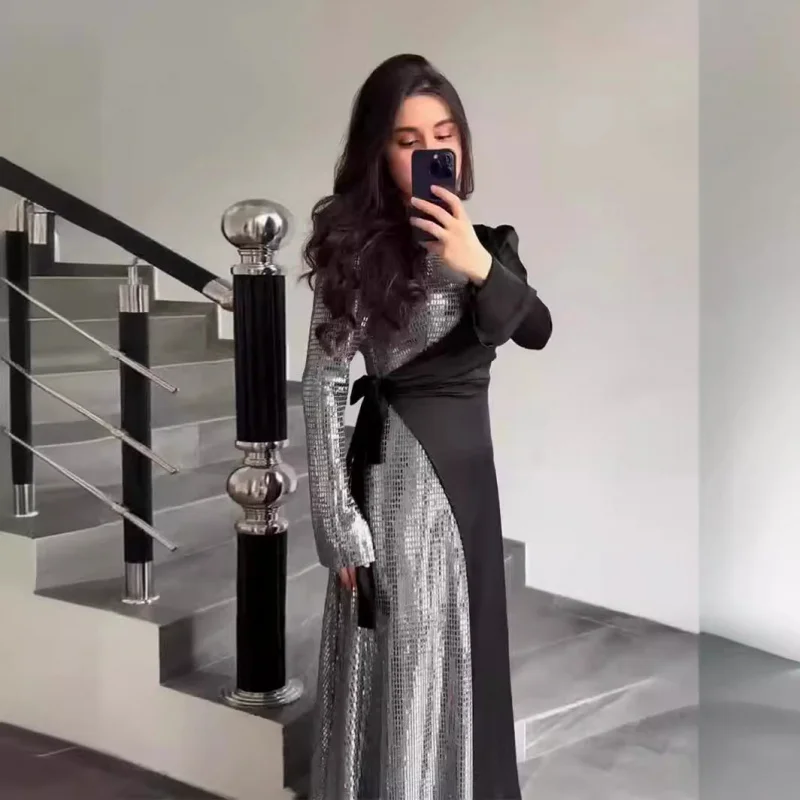 

Spring Fashion Elegant Long Sleeve Patchwork Sequin Design Fake Two-Piece Dress