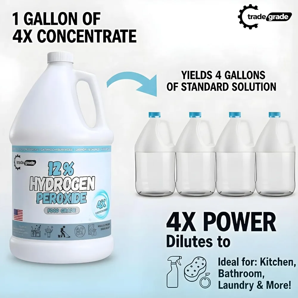 TradeGrade 12% Food Grade Hydrogen Peroxide H2O2 4X Concentrate Multipurpose Cleaner Home Kitchen Laundry 4 Gallons