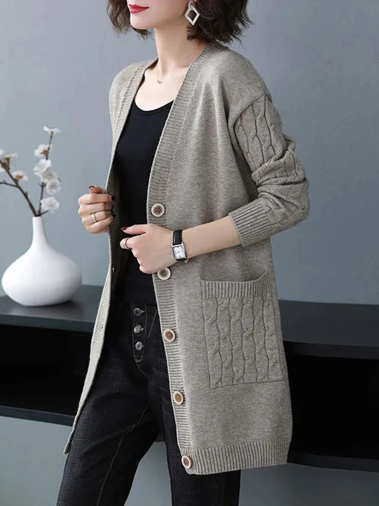 Spring Fall Women Knitted Cardigan V-neck Mid-length Korean Sweater Oversize 4xl Elegant Tops Coats Casual Knitewear Outwear