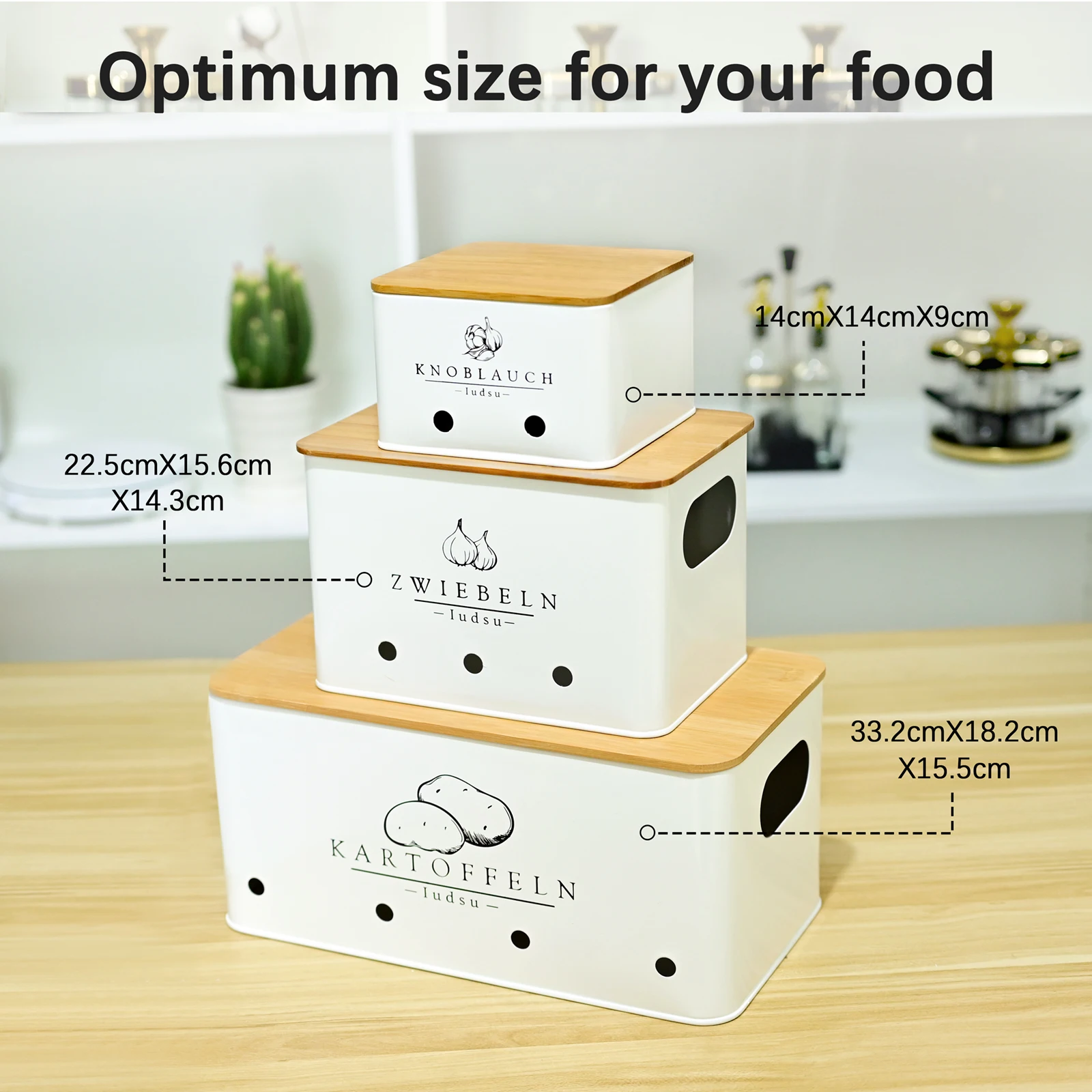 SAEIV Hochwertiges 3-Stück Metallische Kartoffelbox Set mit Natürlichem Bambusdeckel – Stapelbare Aufbewahrungsboxen für Kartoffeln, Zwiebeln & Knoblauch (mit Lüftungslöchern) – Arbeitsfläche oder Vorratsschrank – Detail 3