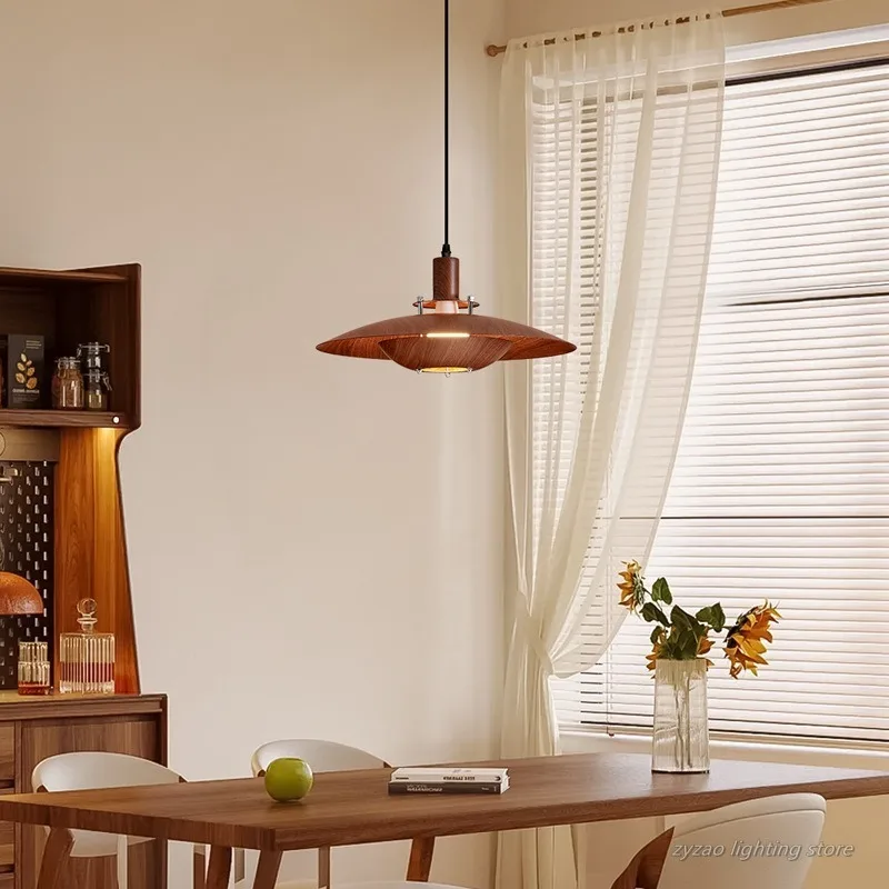 Walnut Wood Grain UFO Restaurant Pendant Lights Wabi Sabi Style Japanese Retro Dining Table Light Designer Minimalist Bar Lamp