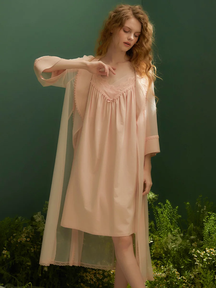 Vintage 2 Pieces Robe Sets For Women Summer Spring Cotton Gauze Sexy Nightdress Loose Lace Royal Bride Wedding Red Bathrobe