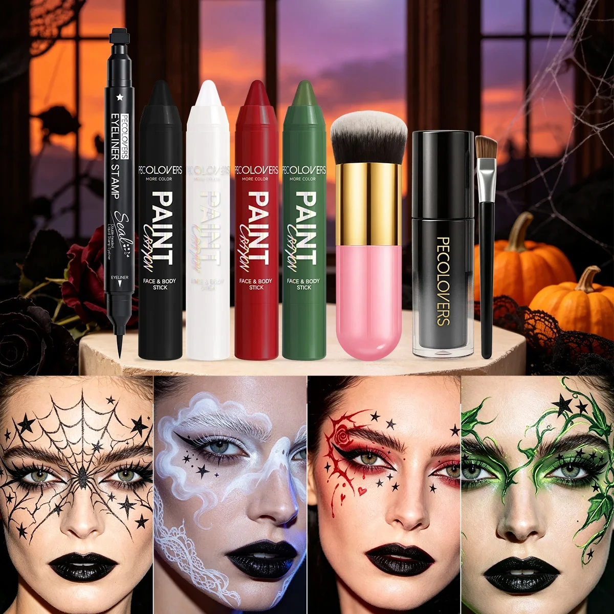 8PCS Multi-color Paint Pen, Star Eyeliner Pen, Black Lipstick and Two Makeup Brushes Halloween Gothic Facial Body Painting Suit