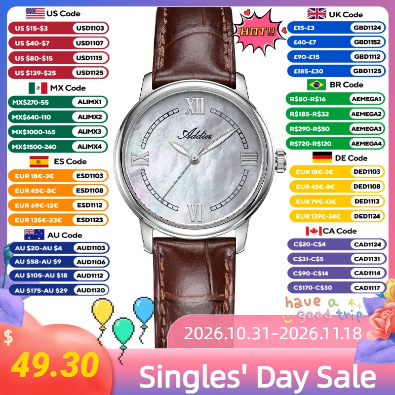 ADDIES Stainless Steel 50M Waterproof Wristwatches Mother of Pearl Dial Dress Watch for Ladies Japan GL32 Sapphire Glass Watches