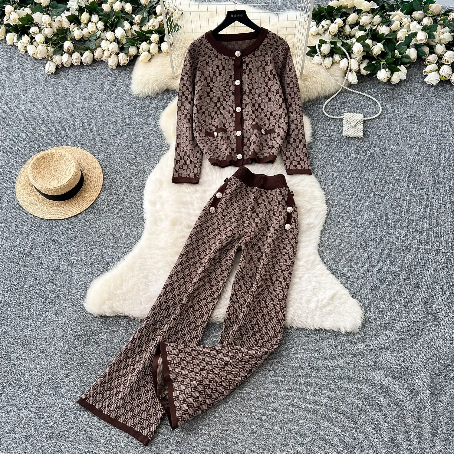 Pant Set Women Two Piece Sets Round Neck Full Sleeve Sweaters Tops Wide Leg Long Pants Print Elastic Waist Y2k Streetwear
