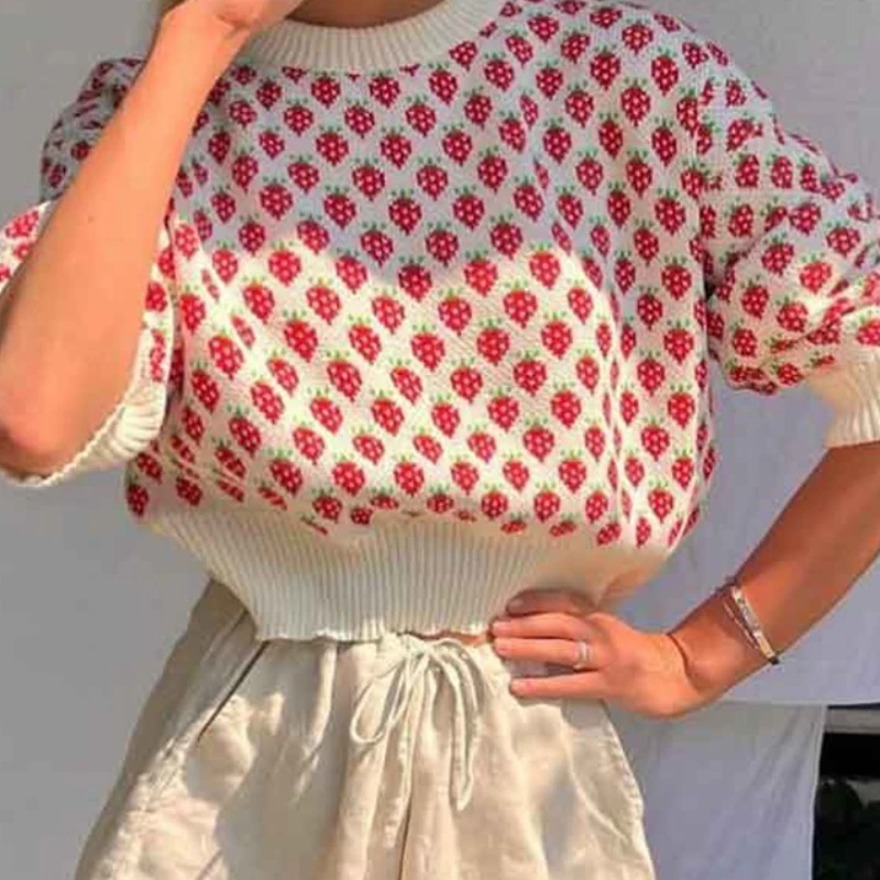 

Crew Neck Pullover Sweater 2025 Autumn/winter New Strawberry Jacquard Sweater Short Long Sleeve Sweater for Women