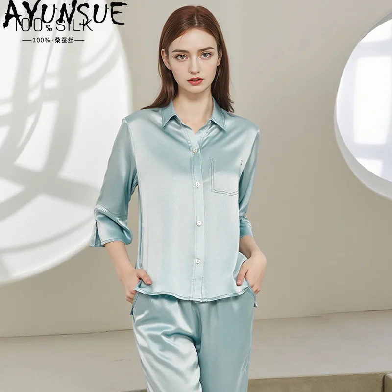 

AYUNSUE 100% Silk Woman Pajama Sets High Quality Solid Color Pajamas for Women Simple Sleepwear Womens Matching Sets Пижама