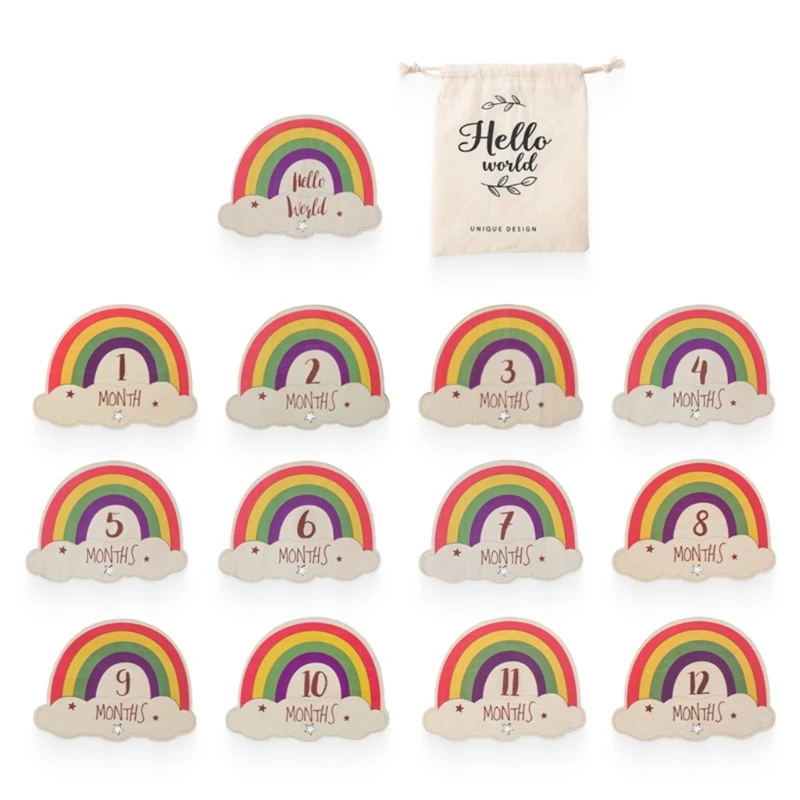 13pc Baby Rainbow Milestone Number Monthly Memorial Cards Newborn Baby Wooden Engraved Age Photography Accessories Birthing Gift