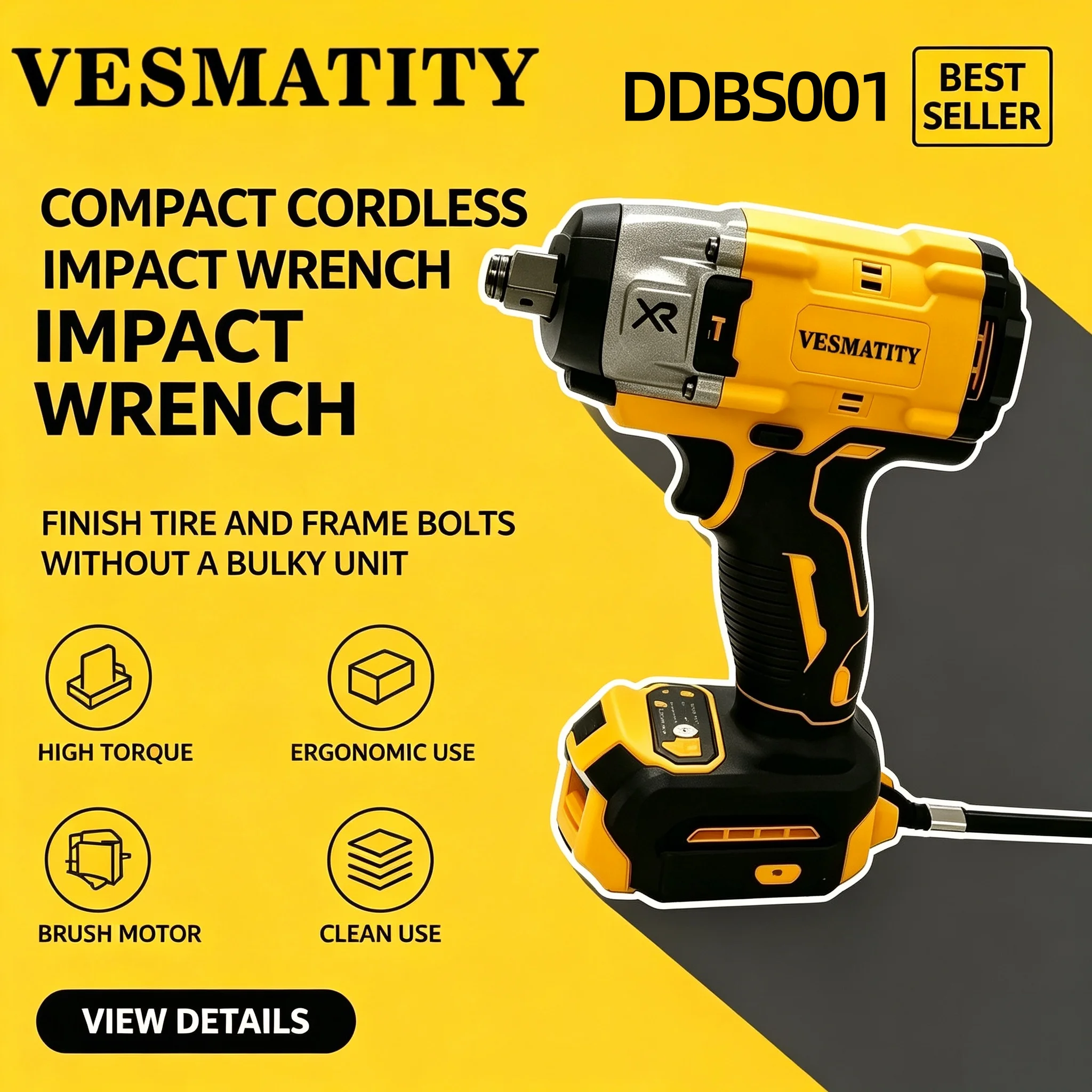 Vesmatity 20V Compact Impact Wrench Brushless Motor Professional Tool For Truck Repair And Assembly