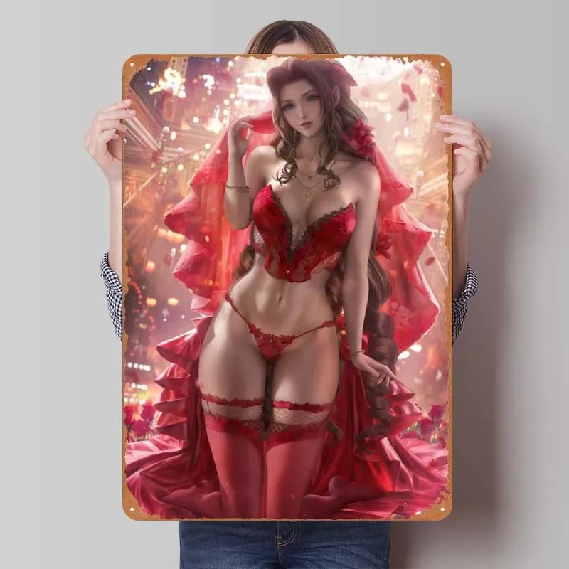 Aerith Red Gown Lingerie Game Poster Wall Art Decor Vintage Metal Tin Signs for Gamer Room Decoration Aesthetics Door Sign Home