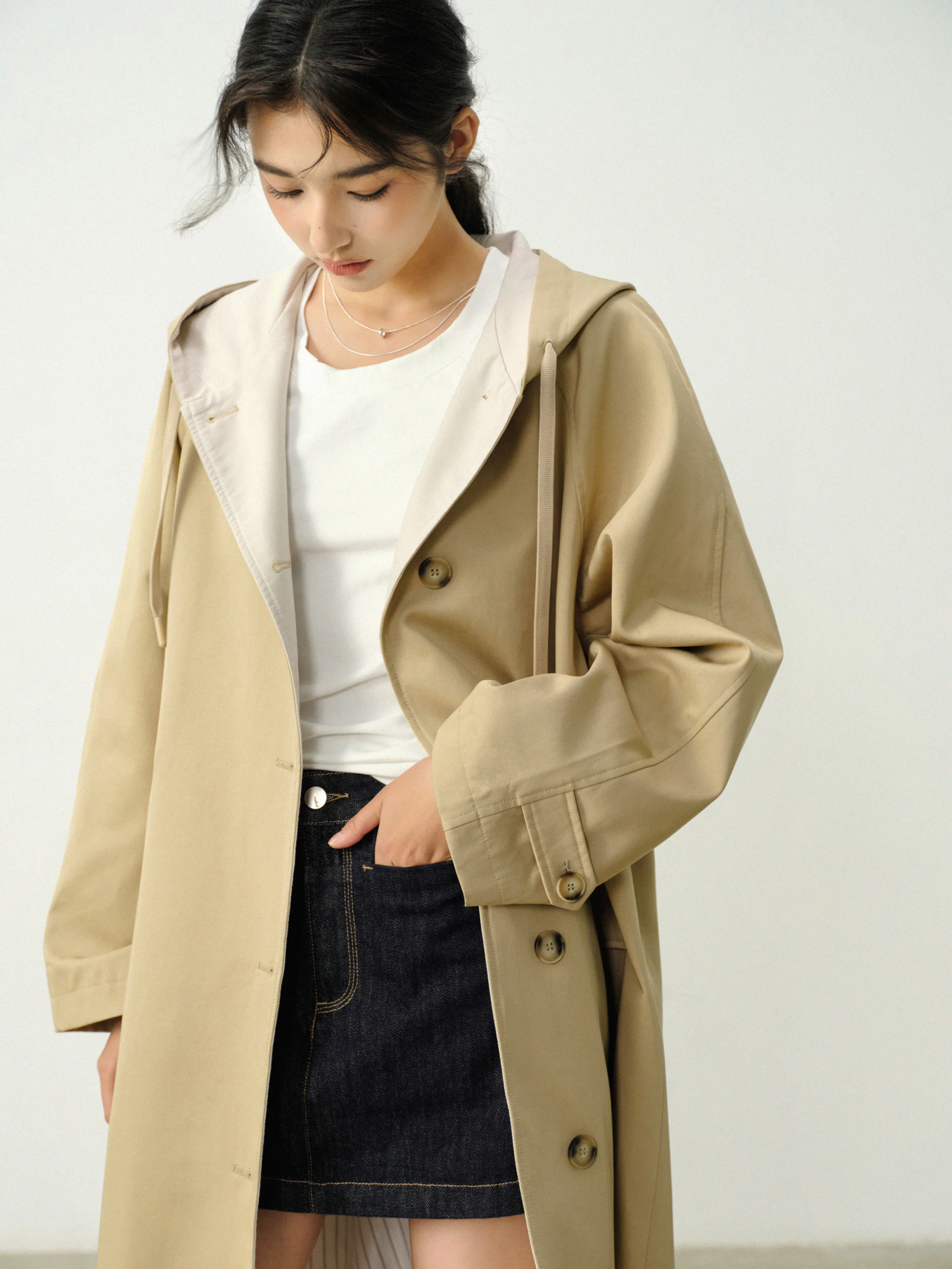Khaki Hooded Trench Coat Women Autumn Loose Long Overcoat Elegant Casual Outwear High Waist Slimming Relaxed Fit Jacket Ladies