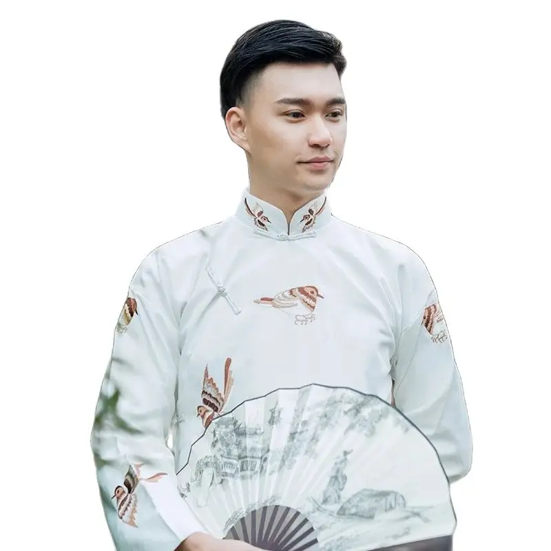 Traje antigo Chinês Tradicional Tang Terno Masculino Cheongsam Stand Collar Homens Longo Robe Algodão Linho Bordado Vestido