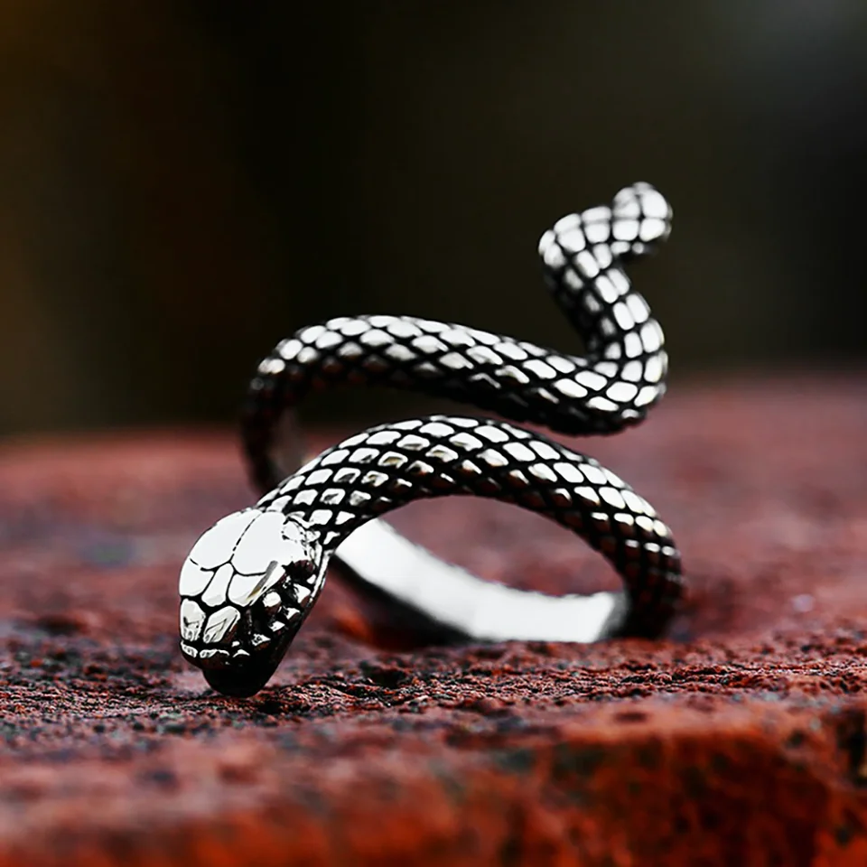 Punk Vintage Stainless Steel Snake Ring Gothic Silver Color Animal Rings Party Jewelry Adjustable for Men Women Fashion Gifts