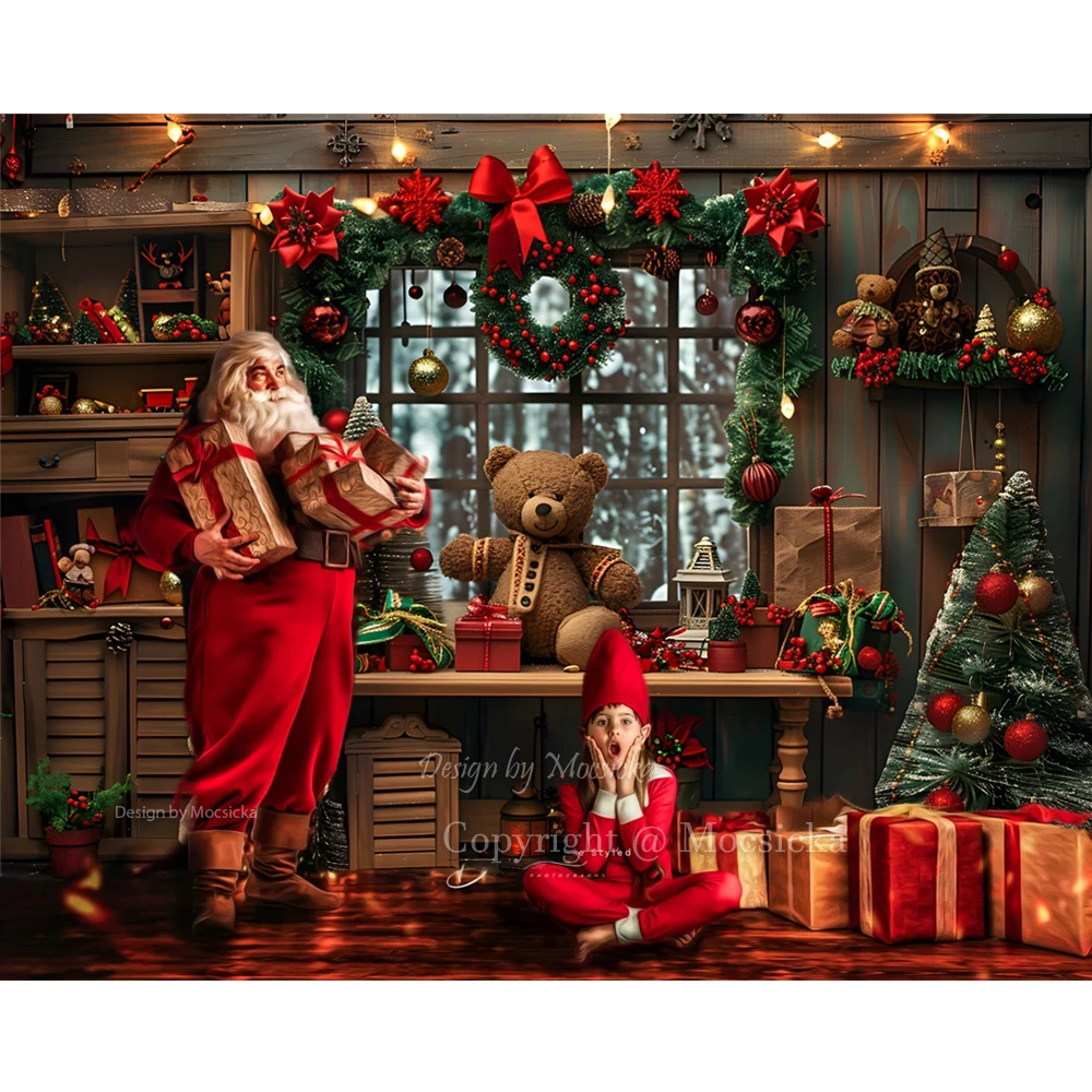 Kids Christmas Night Photography Background Red Xmas Flower Santa Claus Workshop Backdrop Gift Wooden House Window 3D Photozone