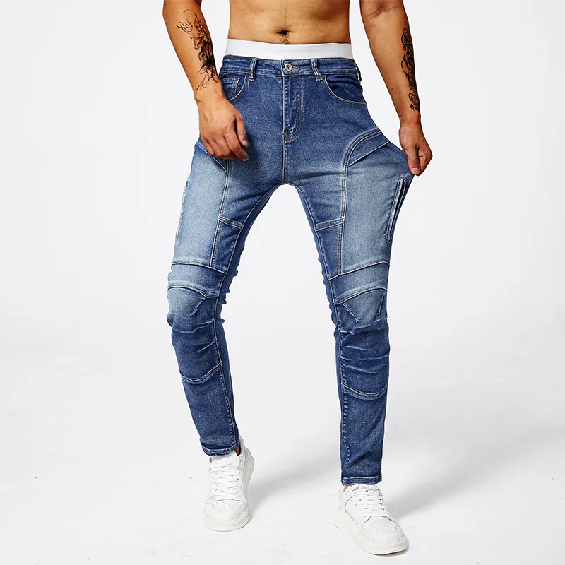 Locomotive Fashion Jeans, Blue Trendy Splicing Men's Jeans, Premium Gray Polished White Jeans Men's