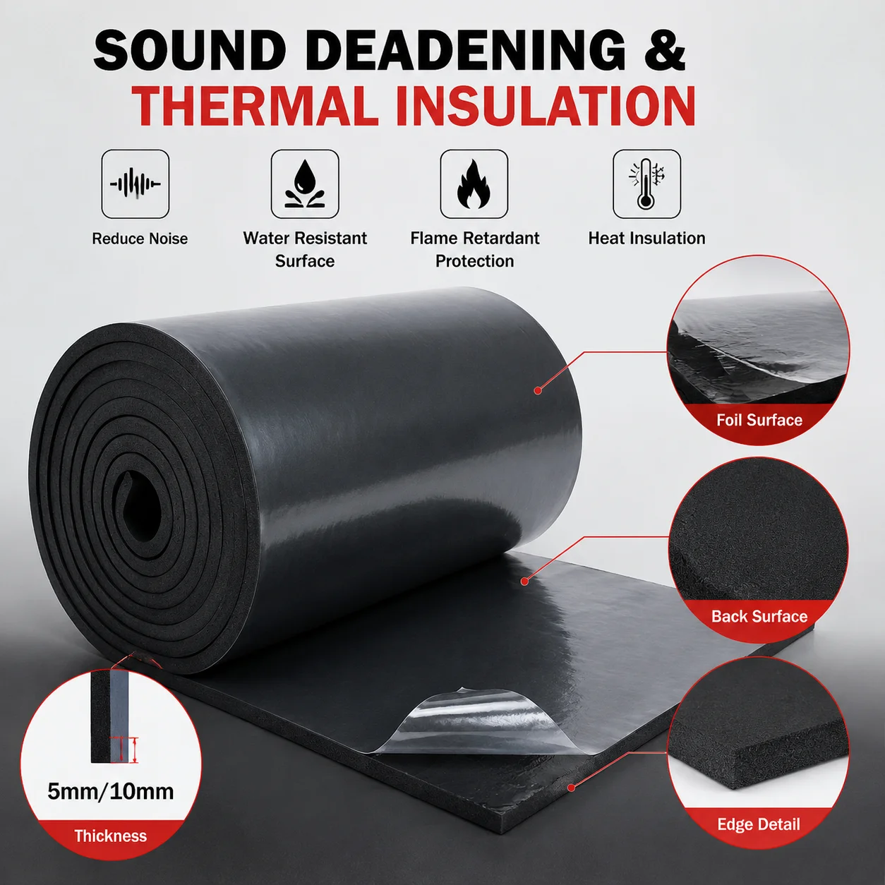PINMOAP 5mm/10mm Self-Adhesive Rubber Foam Sound Insulation Black for Car Door/Trunk/Chassis/Fender/Wall/Roof