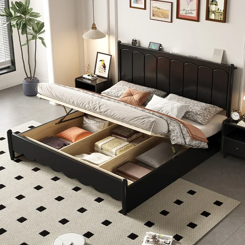 

French all-solid wood bed modern simple 1.8m small apartment househod 1.5m master bedroom single double black storage wedding
