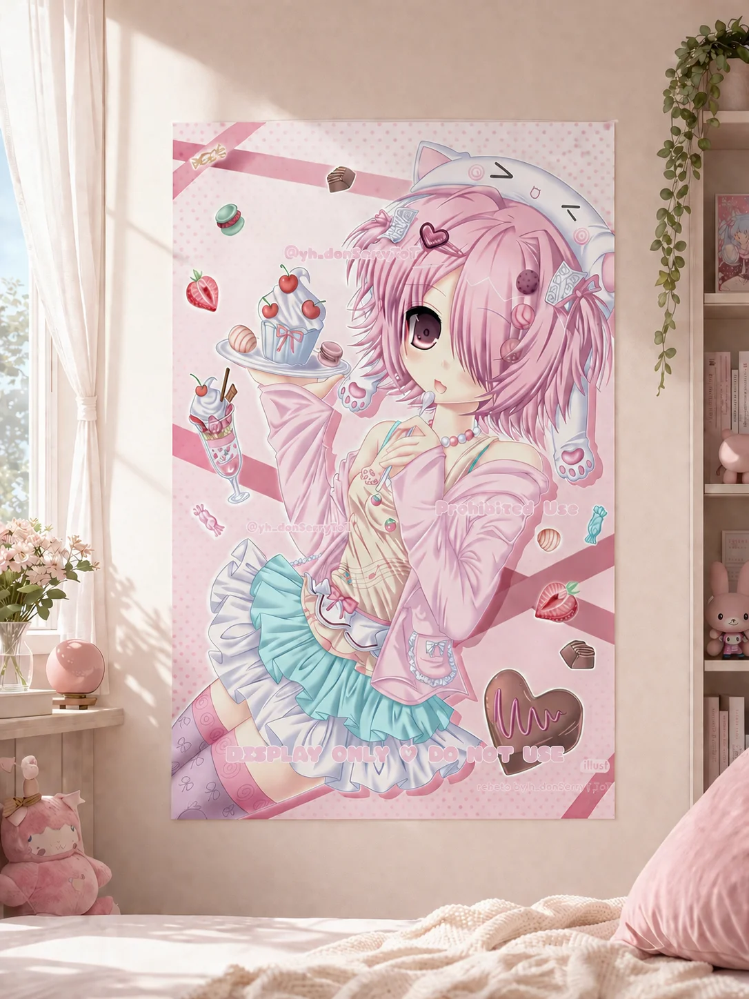 Pink Hair Cat Ear Sweet Dessert Anime Girl Tapestry Kawaii Pastel Girls Bedroom Wall Hanging