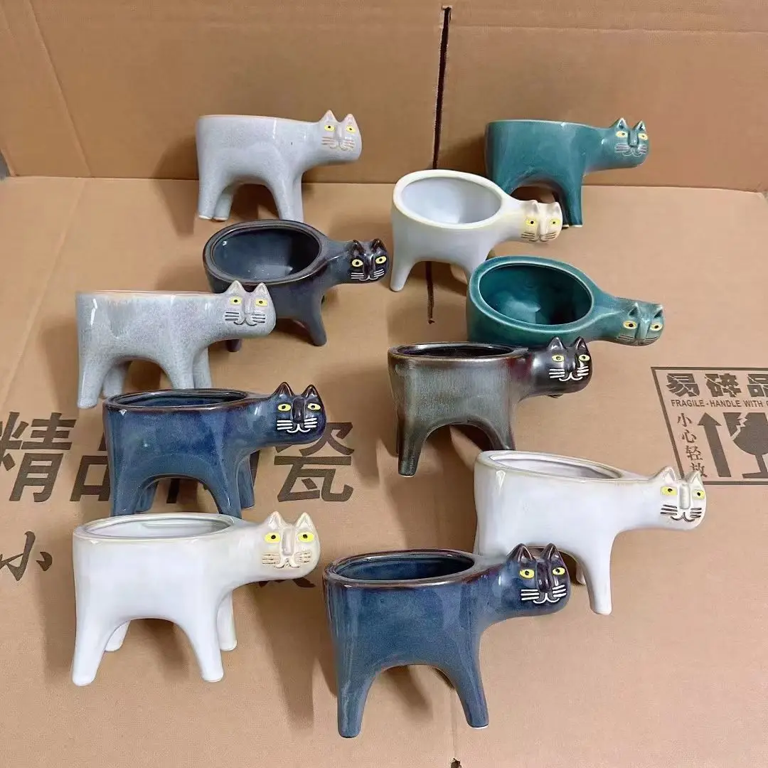 Cute Cat Ceramic Garden Flower Pot Animal Image Cactus Plants Planter Succulent Plant Container Tabletop Ornaments  Decoration