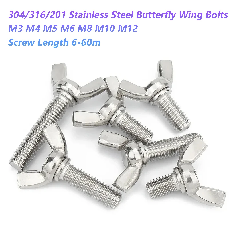 304/316/201 Stainless Steel Butterfly Wing Bolts Hand Tighting Wing Head Thumb Screws M3 M4 M5 M6 M8 M10 M12 Length 6-60mm