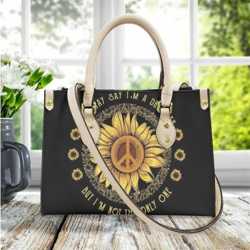 Peace Symbol Floral Print Messenger Bag PU Top Handle Vintage Women's Luxury Shoulder Bag New Fashion Casual Tote Bolsa Feminina