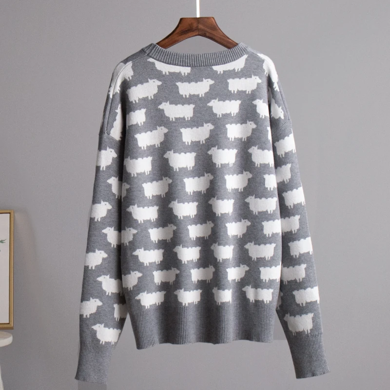 2024 New Fashion Autumn Winter Women Sweater Sheep Printed Long Sleeve Loose Sweater Tops