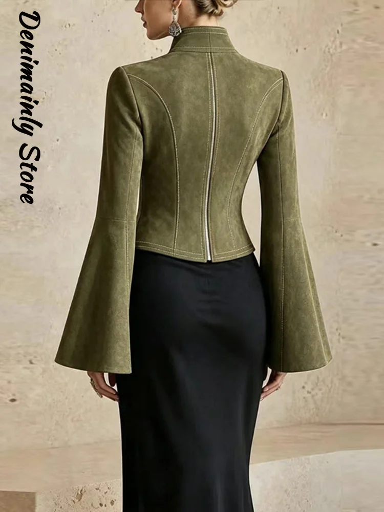 Elegant Women's Short Waist Cinched Jacket Slim Stand Collar Flared Long Sleeve Zipper Solid Coat 2026 Autumn Lady Chic Jackets