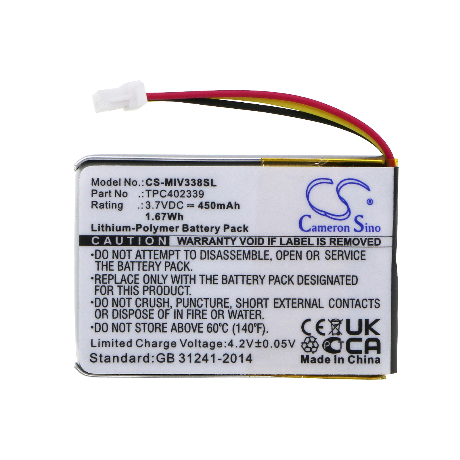 CS Replacement Battery for Mio Mivue 338,MiVue 366,MiVue 368,MiVue 388,MiVue 358P,MiVue 658p PN:TPC402339 450mAh / 1.67Wh