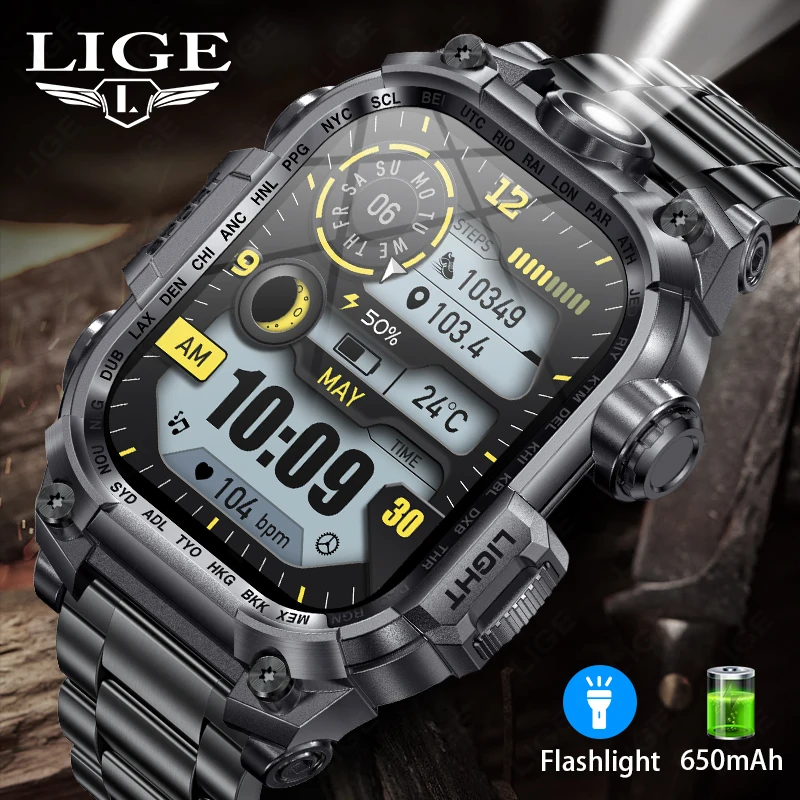 LIGE Rugged Military Smart Watch Men 2.01‘’ HD Screen 650mAh Large Battery Sports Fitness Watches LED Flashlight Smartwatch 2025