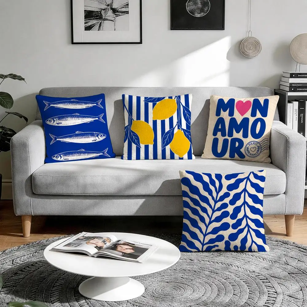 Cobalt Mediterranean Summer Cushion Cover Natural Breathable Durable Linen Printed Decor Pillow Case Sofa Bedroom