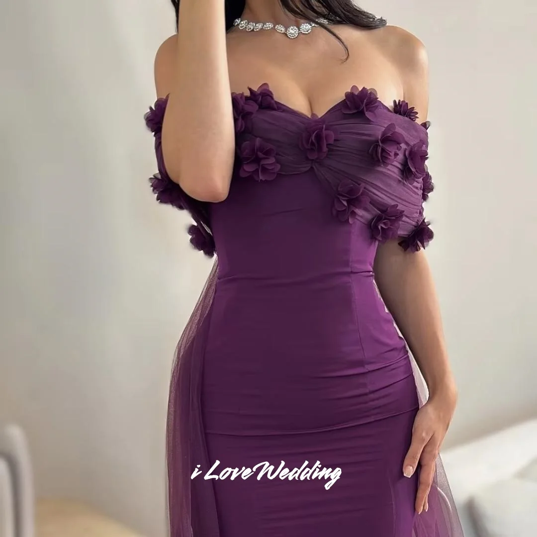 Purple Strapless Evening Dress 2025 Off Shoulder 3D Flowers Mermaid Backless Floor-Length Pleated Wedding Party Dress Customized