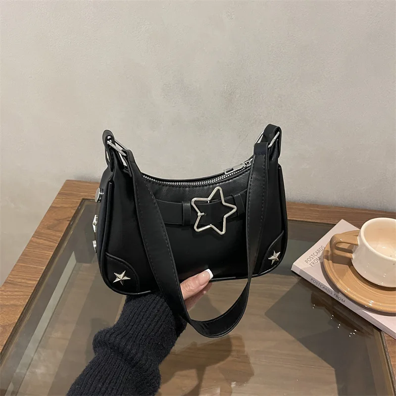 Y2k Star Pu Shoulder Underarm Bags for Women Fashion Thread Design Ladies Handbag Versatile Punk Style Cool Girls Phone Bag