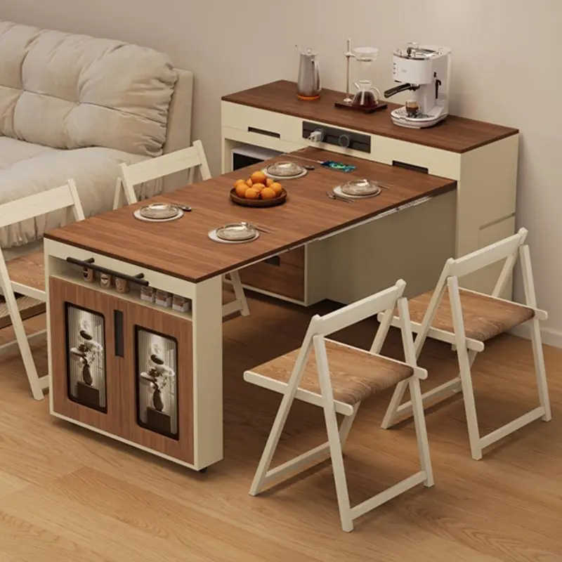 Island dining table integrated telescopic solid wood small apartment household folding multi-functional 15 tea dining table