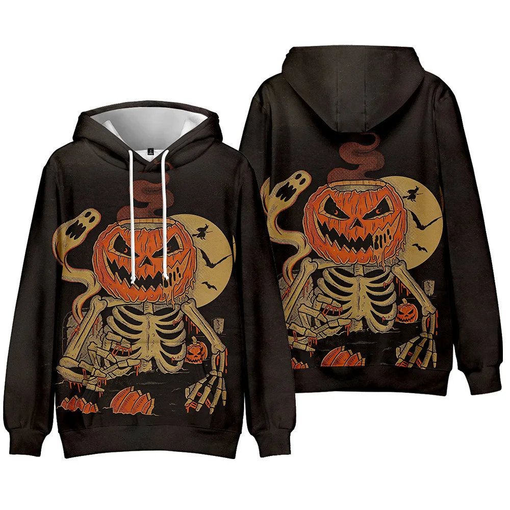 2023 Nieuwe Halloween Trui Enge Schedel Hoofd Pompoen 3d Digitale Print Heren En Dames Herfst/Winter Capuchon Trui A02