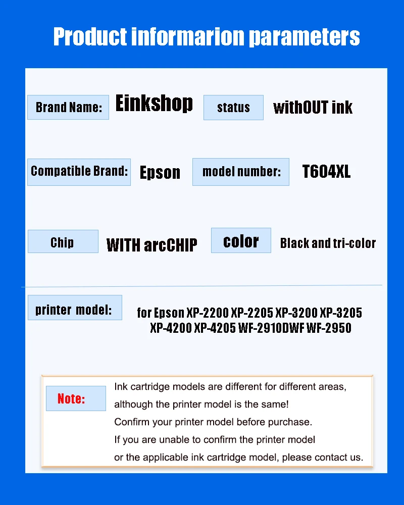 Einkshop T604 604XL Empty Refillable Ink Cartridge for Epson XP-2200 XP-2205 XP-3200 XP-3205 XP-4200 XP-4205 WF-2910DWF WF-2950