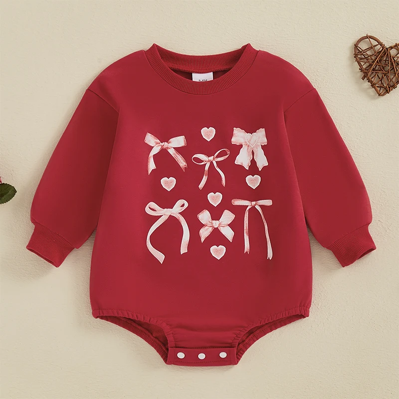 Baby Girls Valentine s Day Romper Long Sleeve O Neck Heart Bow Print Sweatshirt Romper