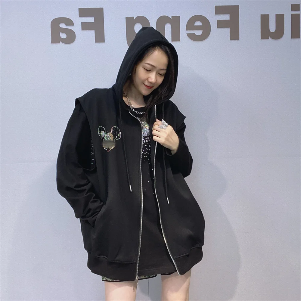 

Oversized Sleeveless Cardigan Women Clothes Black Waistcoat Anime Diamonds Zipper Hooded Vest Loose Outfit Жилетка Зимняя