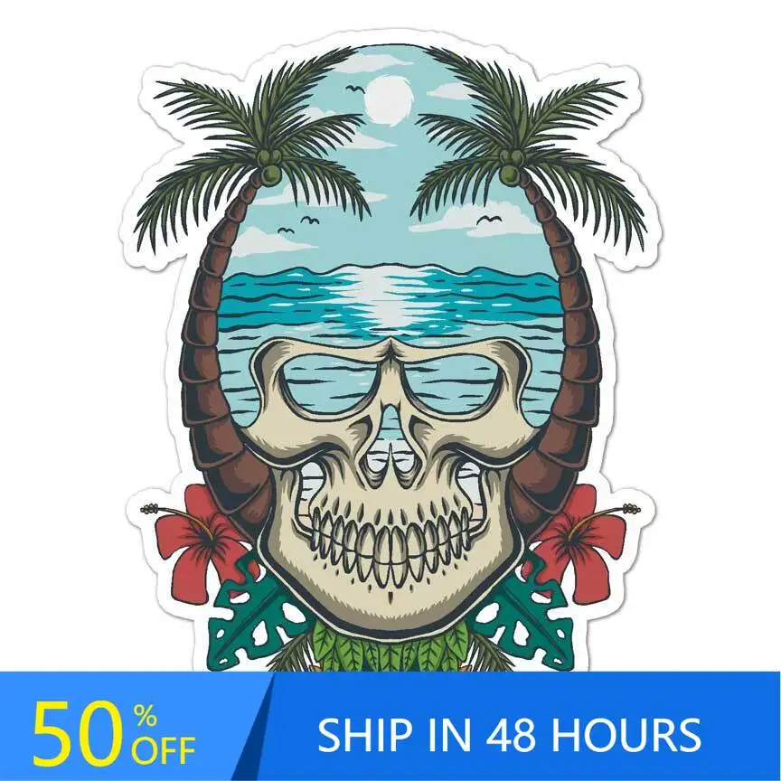 

Skull Tropical Island, Sticker, Trendy Truck Window Car Bumper Waterproof Vinyl Decal Gift Aesthetic Cool