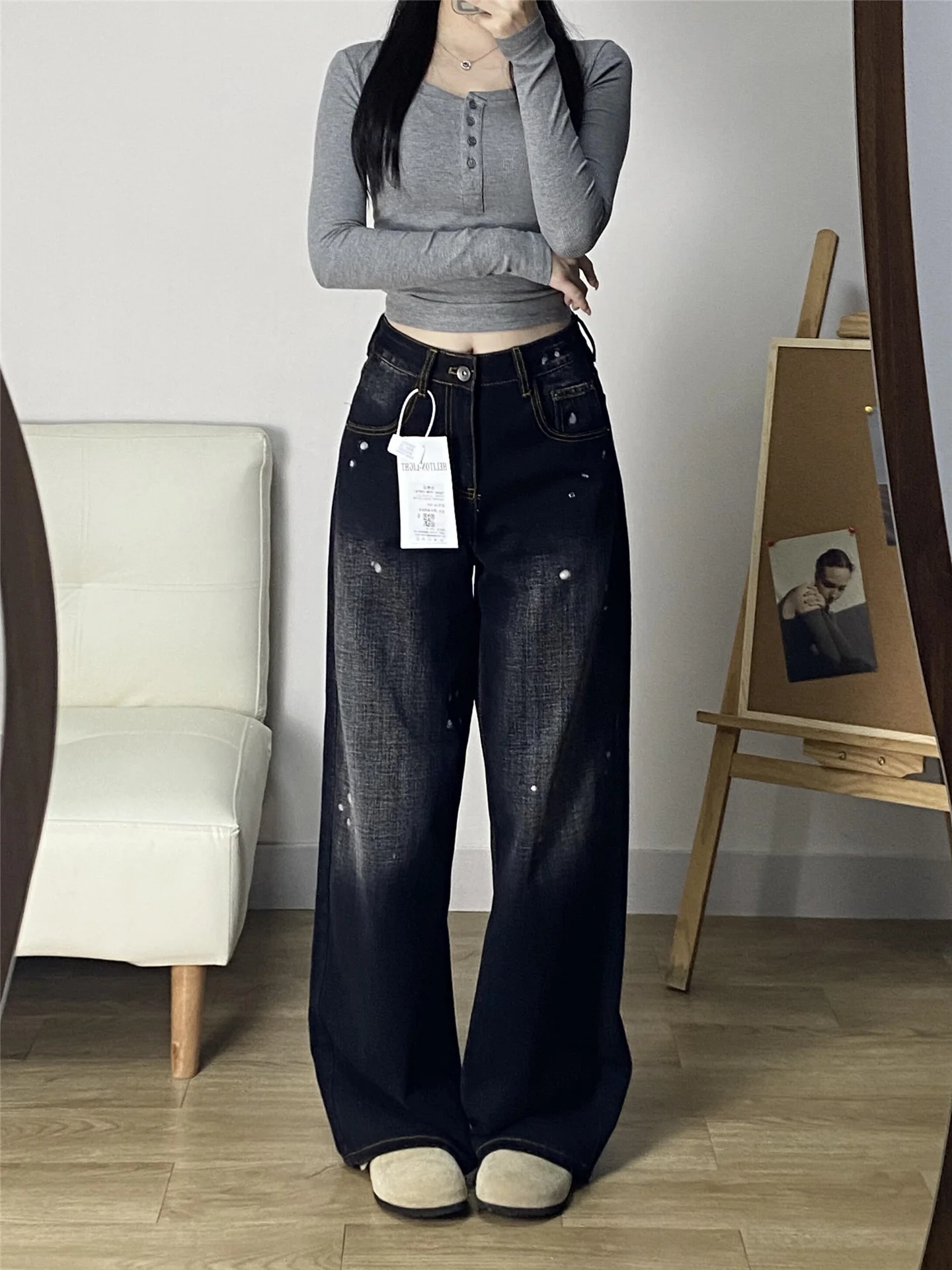 

Retro Graffiti High Waist Wide Leg Jeans Women's Spring Long Straight Cut Trousers Casual Style High Waist Loose Fit Jeans