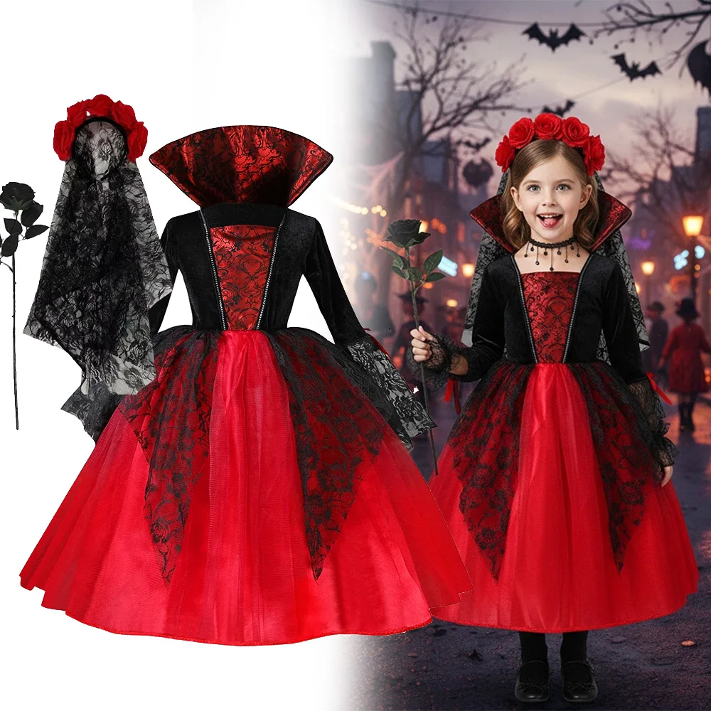 Vestido Gótico de Vampiresa Fantasma para Niñas 2026, Rojo y Negro con Malla, Disfraz de Halloween, Carnaval, Cosplay