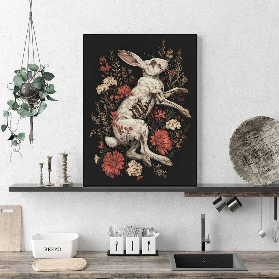 Horrible Floral Skeleton Animal Wall Art Poster Gothic Bat Owl Rabbit Fox Occult Dark Academia Room Home Decor Canvas Painting