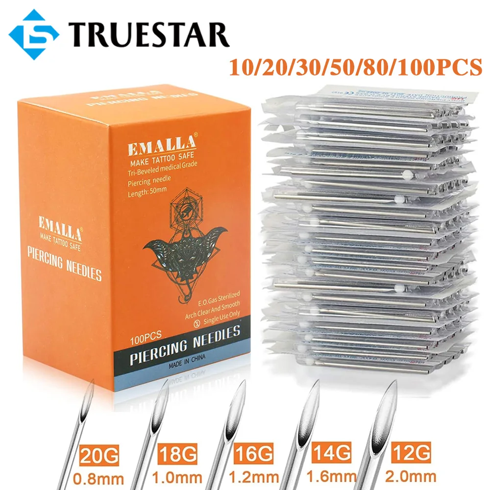 

100/50/10PCS EMALLA Piercing Needles 12-20G Sterile Puncture Needle for Nose Stud Lip Nail Tools Disposable Body Piercer Needle