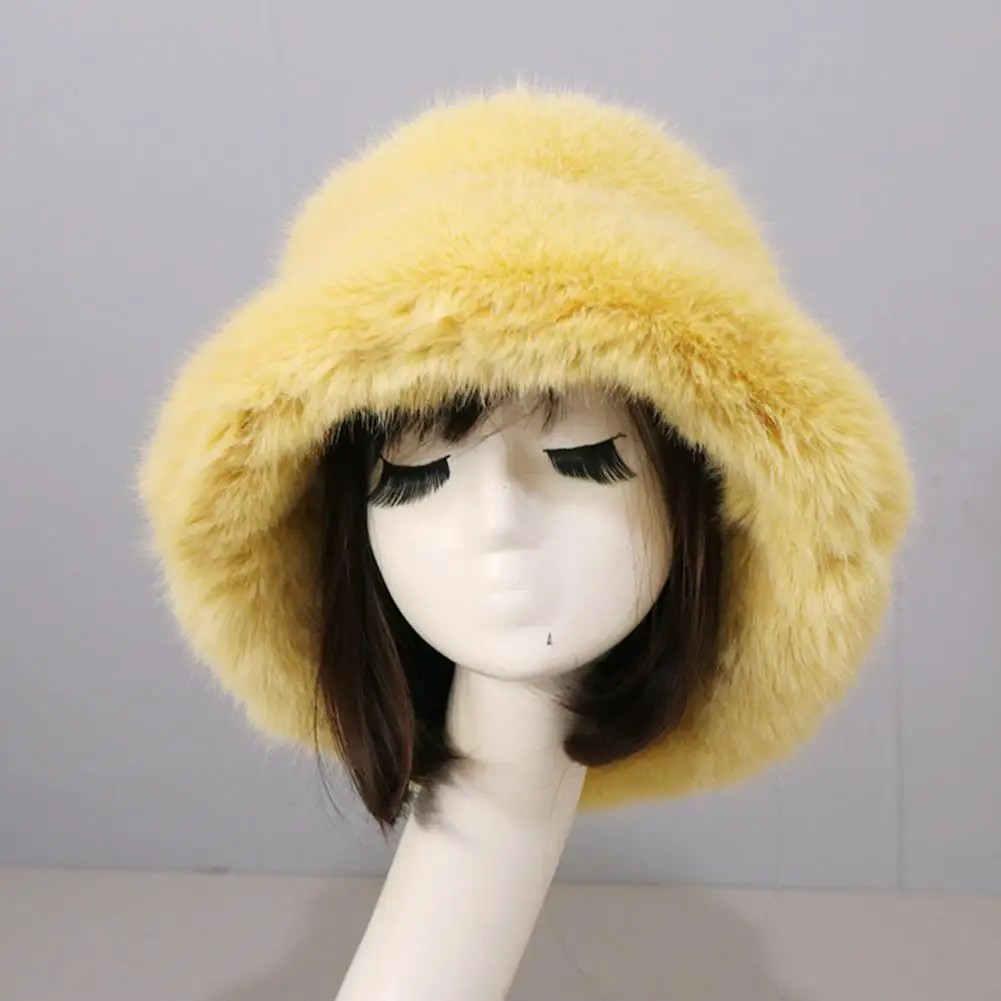 Bucket Hat Fluffy Wide Brim Soft Thickened Ear Faux Fur Winter Thermal Women Fisherman Cap for Daily Life