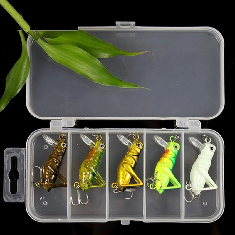 JSFUN 5pcs/Box 4cm 3g Grasshopper Insect Fishing Lures Crap Fishing Artificial Bait Set with Box Jig Wobbler Sea Fishing Tackle