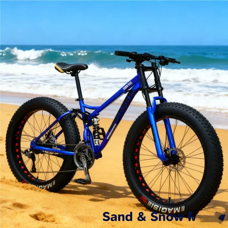 Unisex Blue Spoke Wheel Mountain Bike Extra Wide 4.0 Tire Shock Absorption Variable Speed for Off-Road Beach Snow Adult Student