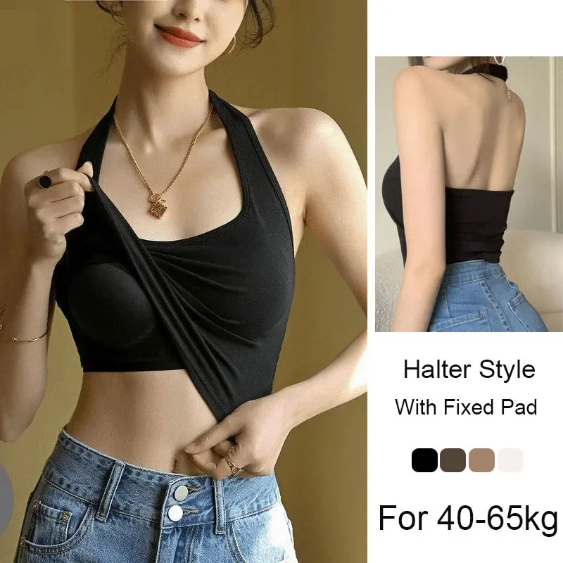 Halter Spaghetti Straps Vest for Women With Bra Padding Inner Wear Outer Wear Sexy Beauty Back Tanks Top