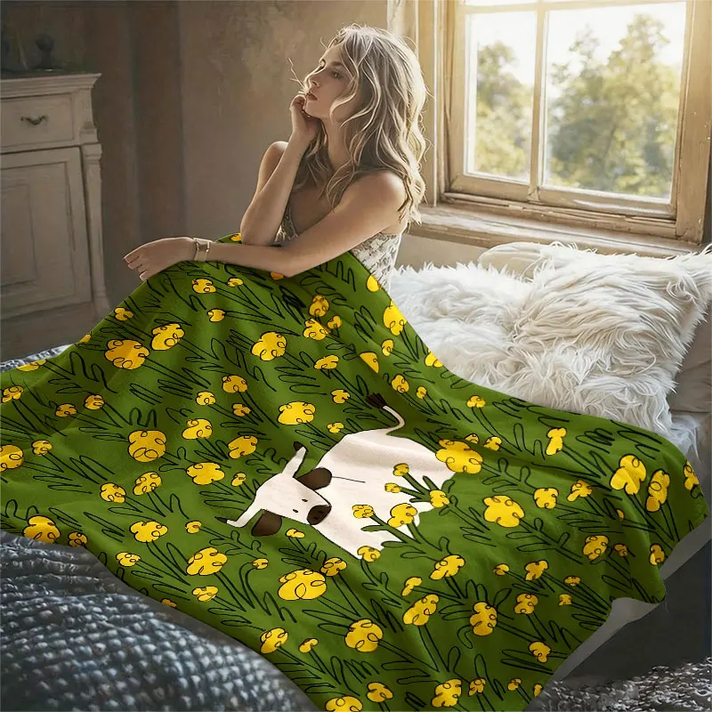 Longhorn Cow Yellow Flowers Flannel Blanket Perfect for Sofa Office Bed Travel Sleep Read Relax Camping Four Season Use
