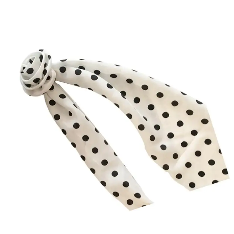 652F Soft Silk Like Scarf Breathable Kerchief for Women Feature Classical Round Dot and Rose Design Stylish Neck Accessory