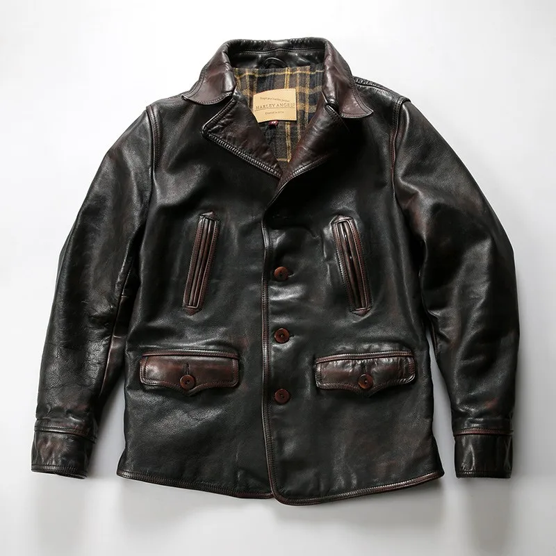 Short leather motorcycle with a washed lapel