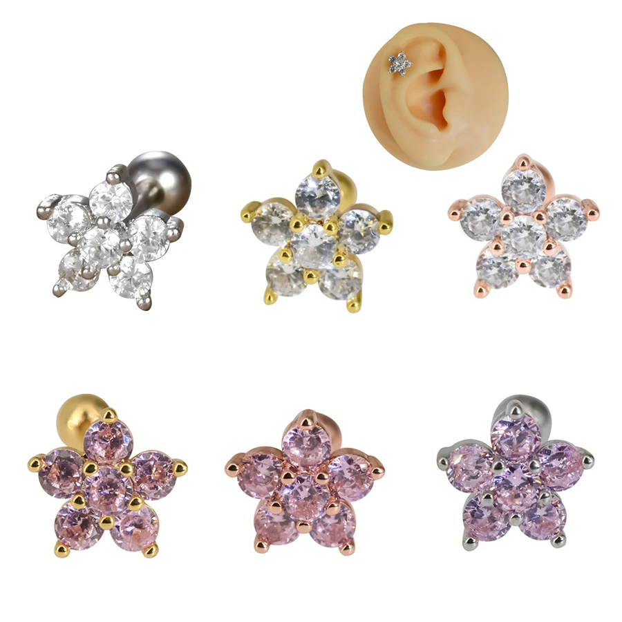 Shinning Flower Tiny Stainless Steel Cartilage Stud Earring Cubic Zircon Pentagram Flower Small Piercing Ear Jewelry Accessory